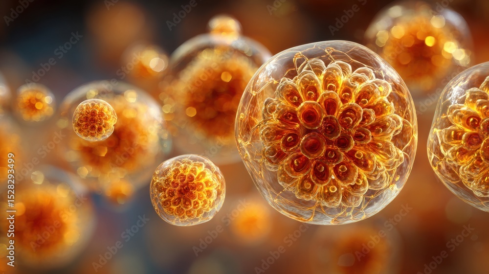 Poster a captivating display of luminous cells suspended in a biological setting, highlighting their unique