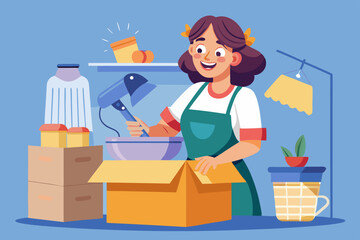 A woman in an apron unpacks a box with a new mixer - delivery of equipment with emotion.
