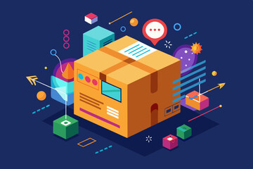 Naklejka premium Cardboard box with bright infographics - how the order travels