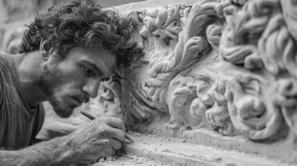 A dedicated artisan meticulously carves detailed patterns into stone in a workshop filled with natural light during the morning. The focus and craftsmanship are evident.