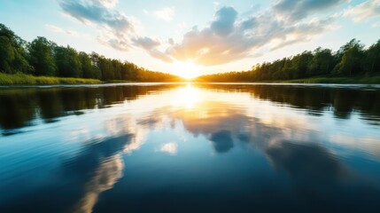 Fototapeta premium A picturesque river scene during sunset, with vibrant colors reflecting off calm waters, framed by lush greenery and enchanting clouds in a serene natural setting.
