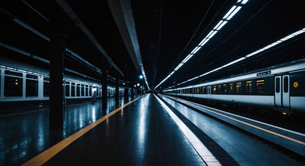 Train Station Platform at Night with Light Trails