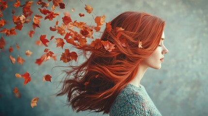 Autumn girl with red hair turning into leaves. AI generative 