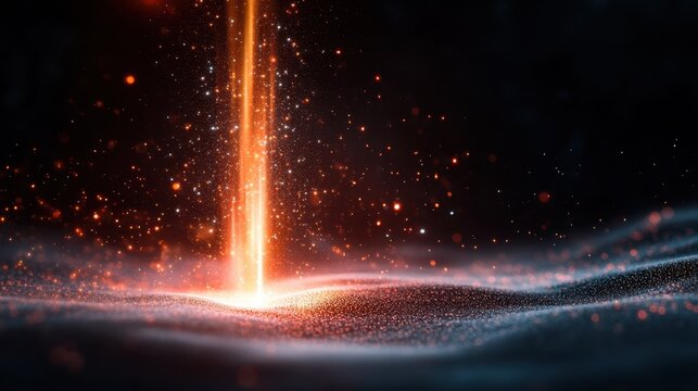 An abstract representation of particles illuminated in vibrant orange tones, swirling in a vortex that symbolizes energy and movement in an artistic exploration of light and darkness. - Powered by Adobe