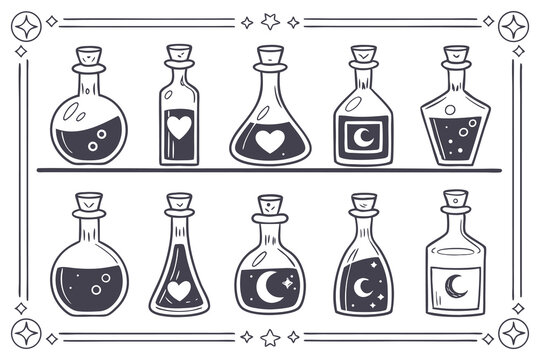 Twelve Unique Potion Bottles Arranged in a Grid Vector Illustration for Fantasy Gaming or Halloween Designs
