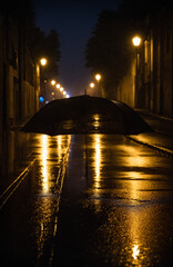 Lonely Umbrella on Rainy Night Street