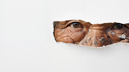 Foreground of old woman with traditional tattoos that look through the white paper torn. Copy space