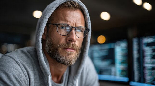 A software developer is intently working on programming tasks during the late hours. He wears a casual hoodie and glasses, surrounded by illuminated monitors showing lines of code.