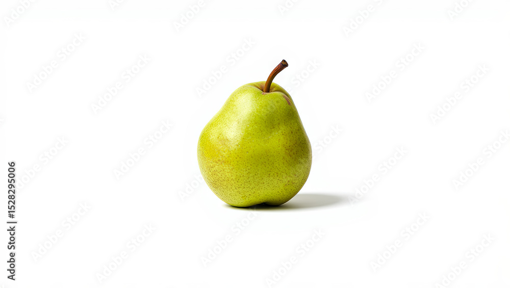 Poster a single green pear rests on a clean white surface, highlighting its glossy texture and rounded form