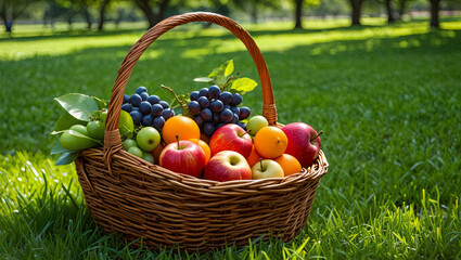 A woven basket filled with a variety of fresh fruits sits in the vibrant green grass. The sunlight shines down on the apples, oranges, grapes, and other fruits, creating a cheerful atmosphere