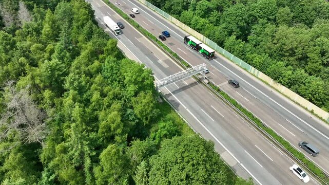Truck toll - gantry and traffic on German highway. Aerial view