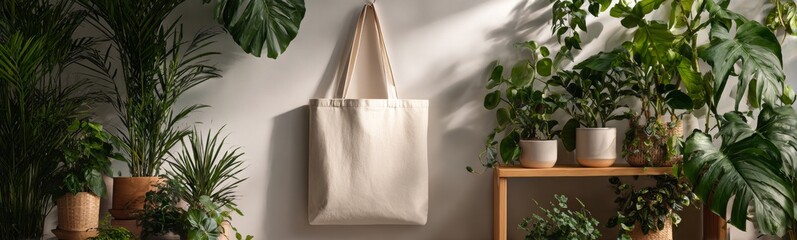 White tote bag mockup on wooden shelf with potted plants and sunlight shadow