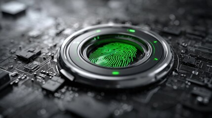 A close-up view of a fingerprint scanner highlighted by a vibrant green fingerprint symbol on a dark circuit board background. This combines technology and security elements beautifully.