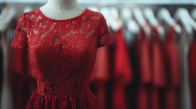 An intricately designed red lace dress displayed on a mannequin highlights the beauty of fashion, embodying elegance, femininity, and allure in a boutique atmosphere.