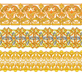 Seamless ornamental patterns. Set of golden ribbons with ancient Arabic decoration. Medieval vintage drawing for design, fabric, tiles, embroidery, wallpaper. Flat vector illustration.