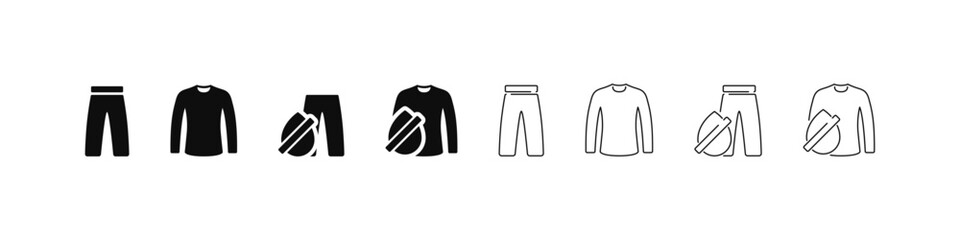 Waterproof clothes icons in flat and outline vector style. Rainwear and outdoor clothing symbol collection