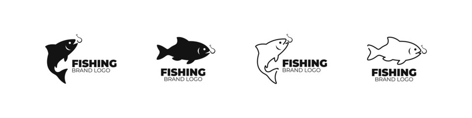 Fish with hook icons for logotypes in flat and outline style. Fishing symbol designs for sport or seafood branding