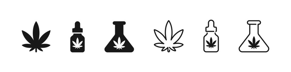 Cannabis leaf icons in flat and outline vector set. Marijuana plant symbols for medical or lifestyle design