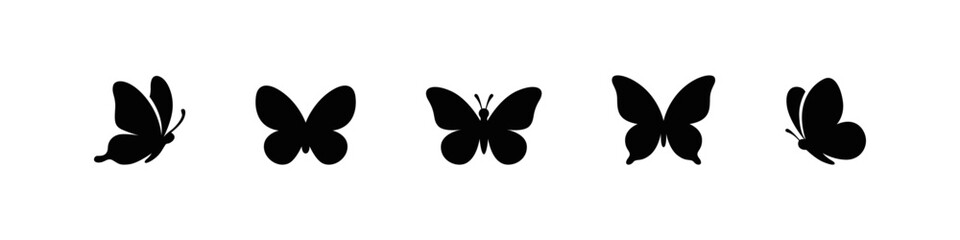 Butterfly icons in flat black silhouette style set.