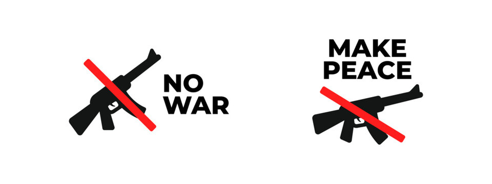 No war and peace signs with crossed rifles and message design. Anti violence illustrations in symbolic vector style