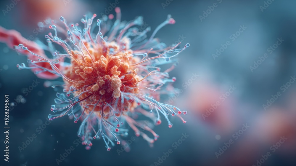 Poster a close-up of a colorful cellular structure featuring fine filaments and textures. this detailed rep