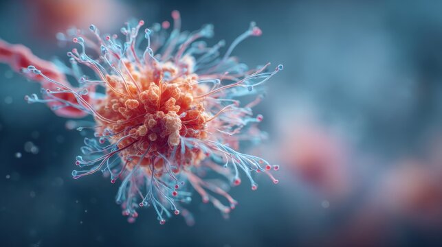 A close-up of a colorful cellular structure featuring fine filaments and textures. This detailed representation highlights the complexity of microscopic life forms in a scientific setting.