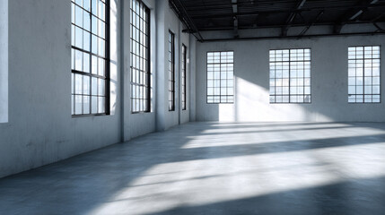 Empty white industrial warehouse with large clean glass windows, natural light flooding through, smooth concrete floor, minimalistic space with atmospheric shadows
