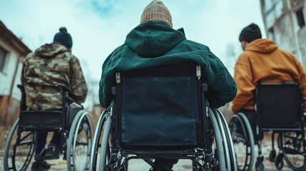 Three individuals in wheelchairs sit together, facing away, against an urban backdrop, promoting themes of resilience, community, and a shared journey in life despite challenges.