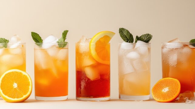A vibrant array of iced beverages with slices of citrus fruits, showcasing the refreshing essence of summer drinks that perfectly complement social gatherings and festive occasions.
