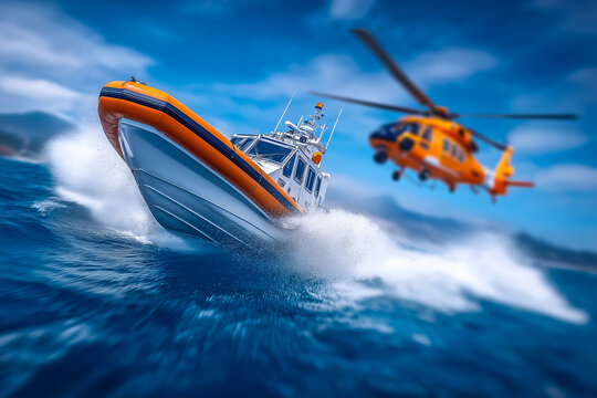 Coast guard officer performs rescue of stranded person from turbulent waters. Dynamic setting with helicopter above and waves crashing reflects urgency in open water