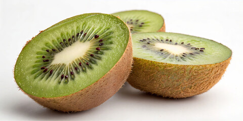 Fototapeta premium Three halves of kiwi fruit are displayed on a light surface, revealing their bright green interior, soft texture, and small black seeds, highlighting freshness and natural color