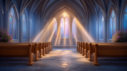 Sun rays cascade through stained glass illuminating grand cathedral interior. Vast space invites contemplation and peace within high arches. Concept of places of worship, spirituality, architecture