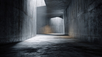 Futuristic abstract corridor with unfinished concrete walls, ambient light creating geometric shadows, gritty industrial texture on floor, empty moody interior scene