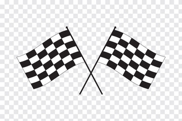 Race flag icon. Crossed checkered racing flags silhouette. Vector finish line icon for motorsports and speed-themed design. Race flag icon on transparent background.