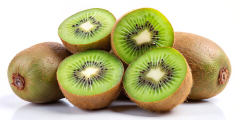 Fototapeta premium Bright green kiwi slices are artistically placed among whole kiwis, showcasing their juicy texture and vibrant color. The arrangement emphasizes freshness and deliciousness