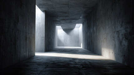 Fototapeta premium Futuristic abstract corridor with unfinished concrete walls, ambient light creating geometric shadows, gritty industrial texture on floor, empty moody interior scene
