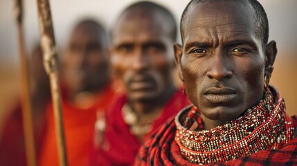 Maasai warriors proudly wear traditional attire decorated with beads, standing in a savanna landscape at sunset, showcasing their rich culture and heritage.