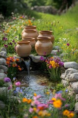 Cool pottery jars and colorful flowers by the well in summer