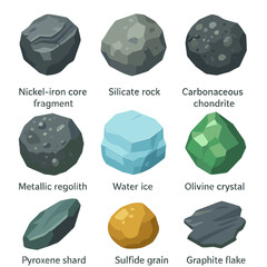 Asteroid Material Icons. Isometric Flat icon set of asteroid composition materials: nickel-iron core fragment, silicate rock,
