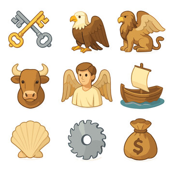 Apostolic Symbols Icons. Isometric Flat icon set of apostolic symbols: crossed keys (Peter), eagle (John), winged lion (Mark), ox
