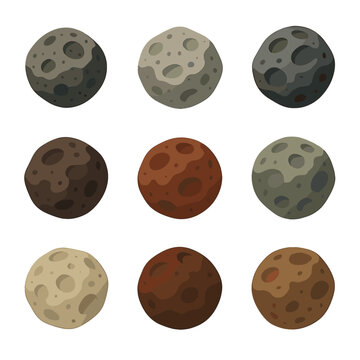 Asteroid Classification Icons. Isometric Flat icon set of asteroid classification types: C-type carbonaceous, S-type silicate,
