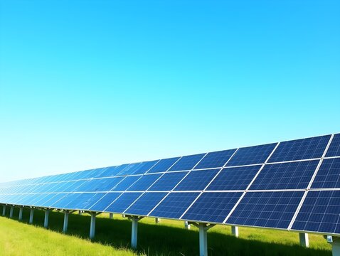 Solar panel field under bright blue sky in a clean energy landscape