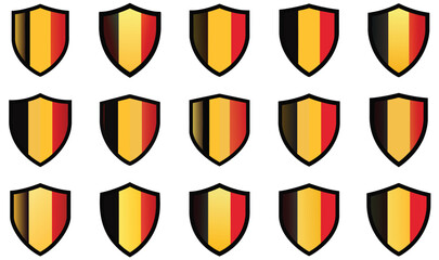 Set of Belgium Flag Shield Icons with Black, Yellow, and Red Vertical Stripes in Flat Vector Style
