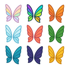 Colorful Fairy Wings. Isometric Flat icon set of Fairy Wing Color Palettes: pastel rainbow wing, vibrant neon wing, autumn hues