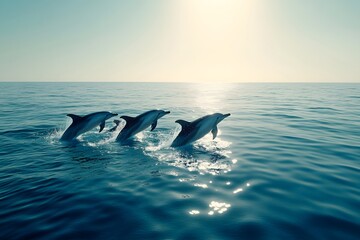Fototapeta premium Silver dolphins jumping in the azure ocean