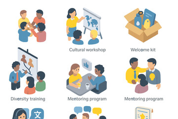 Cultural Integration Icons. Isometric Flat icon set of cultural integration practices: team-building event, cultural workshop,
