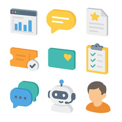 Customer Tools Icon Set. Isometric Flat icon set of customer engagement tools: CRM dashboard, live chat bubble, feedback form,