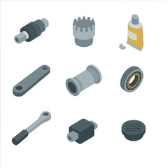 Cycling Tool Icons. Isometric Flat icon set of Bottom bracket and crankset service: crank extractor, bottom bracket tool, grease