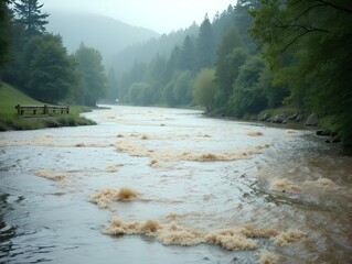 Flooding in a river happens when the amount of flowing water surpasses the usual capacity, leading it to overflow onto adjacent land. This occurrence is frequently initiated by significant rainfall.