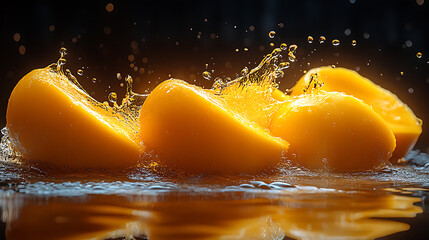 Juicy Yellow Peaches Splashing into Water - Vibrant Fruit Photography